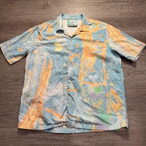 Zara Shirt Mens Small Abstract Watercolor Linen Blend Camp Collar Resort Button